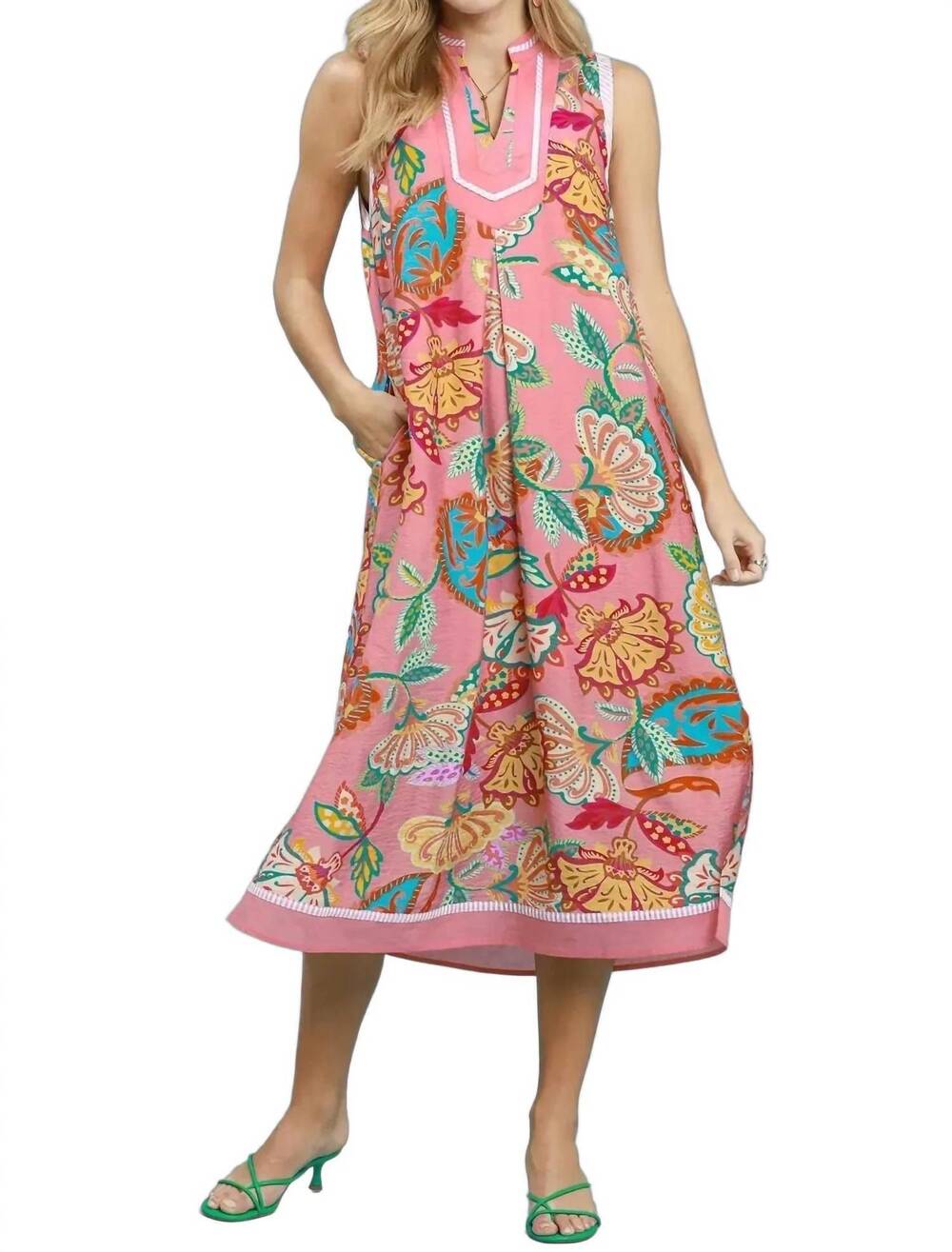NEW UMGEE paisley floral sleeveless midi dress in pink mix